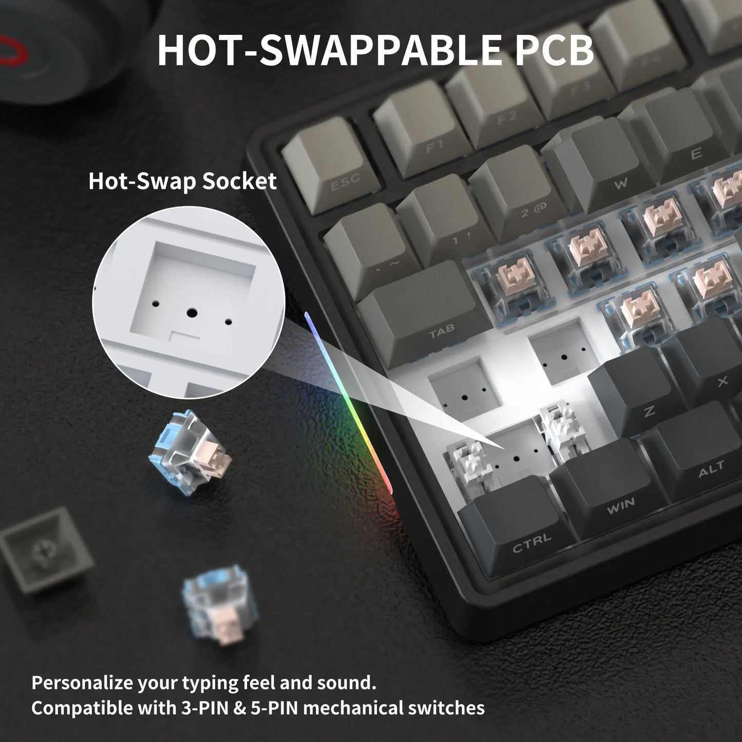 7KEYS BJ75 Wireless Mechanical Keyboard, 75% Gasket-Mount Gaming Keyboard with Volume Knob, Tri-Mode Connection (Bluetooth 5.0 / 2.4G / USB-C), Hot-Swappable Switches, RGB Backlight & Side Lighting, for Pc/Mac/Linux Tiktokshopbacktoschool