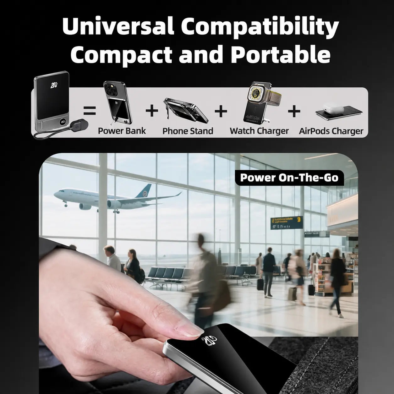 Magnetic Power Bank 5000Mah with Built-In USB-C Cable and Metal Kickstand, 20W Fast Charging Portable Battery Pack with LED Display for Iphone 17/16/15/14/13/12 Durable Protection
