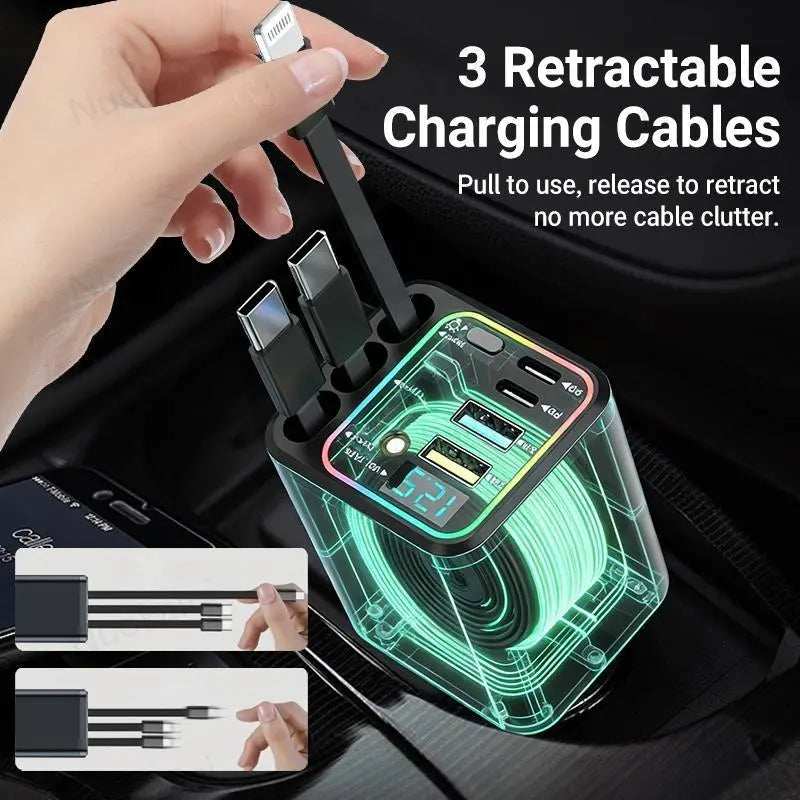 120W Max Multi-Port Charging Power Hub - High Speed Fast Charger, Vehicle/Auto Accessories, PD20W USB-A 65W, Tangle-Free Retractable Cables, Starry LED 1-Click Galaxy Projector for Phone Pad Laptop Car, High Speed Charger