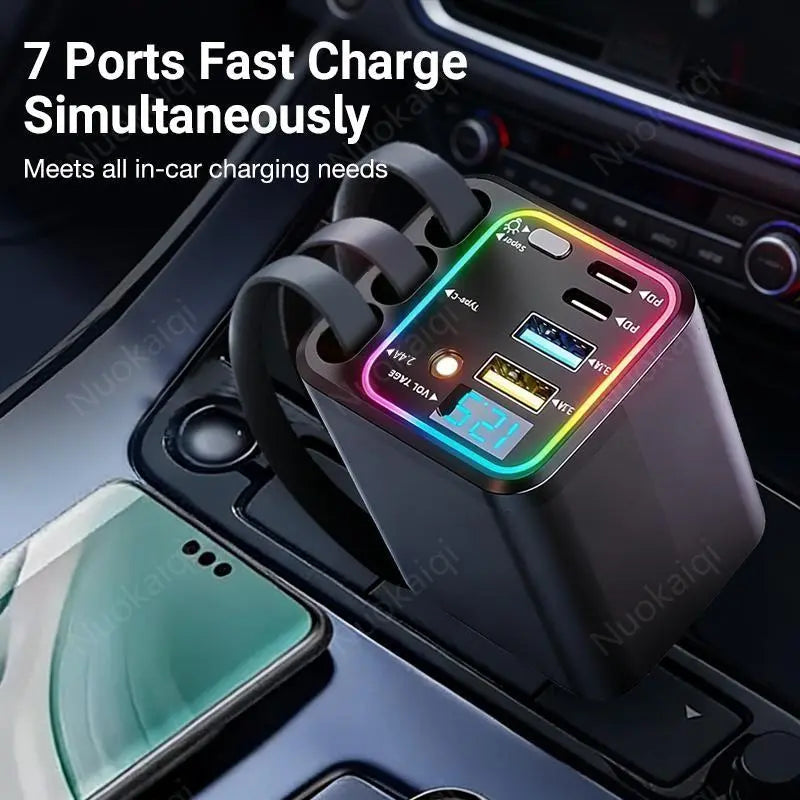 120W Max Multi-Port Charging Power Hub - High Speed Fast Charger, Vehicle/Auto Accessories, PD20W USB-A 65W, Tangle-Free Retractable Cables, Starry LED 1-Click Galaxy Projector for Phone Pad Laptop Car, High Speed Charger