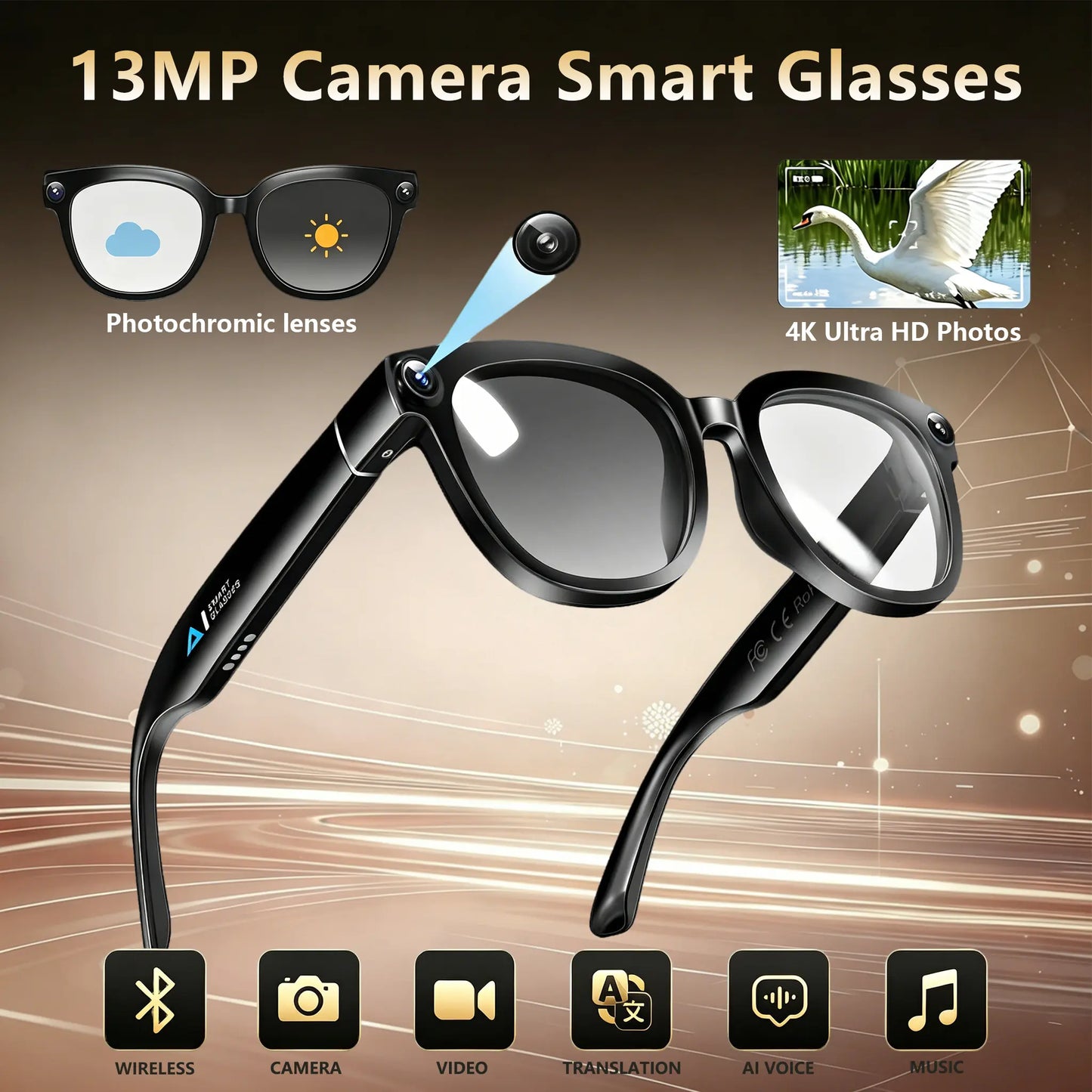 13MP Camera AI Smart Glasses with Chatgpt – 4K Photos & 2K Video, Real-Time Translator, Open-Ear Audio for Vlogging, Travel & Outdoor