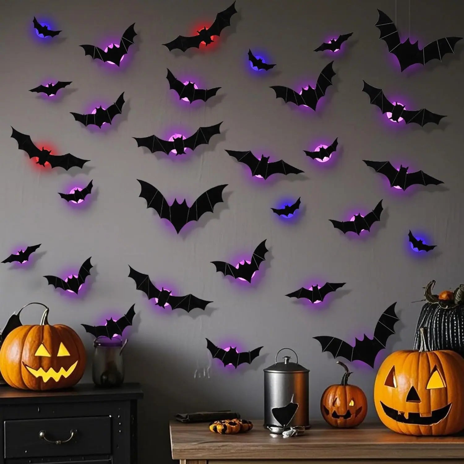 3D Bat Design LED Decorations, LED Halloween 3D Bat Decorative Wall Stickers, Luminous Bat Decorations, Suitable for Indoor and Outdoor Bedroom, Window Party Supplies