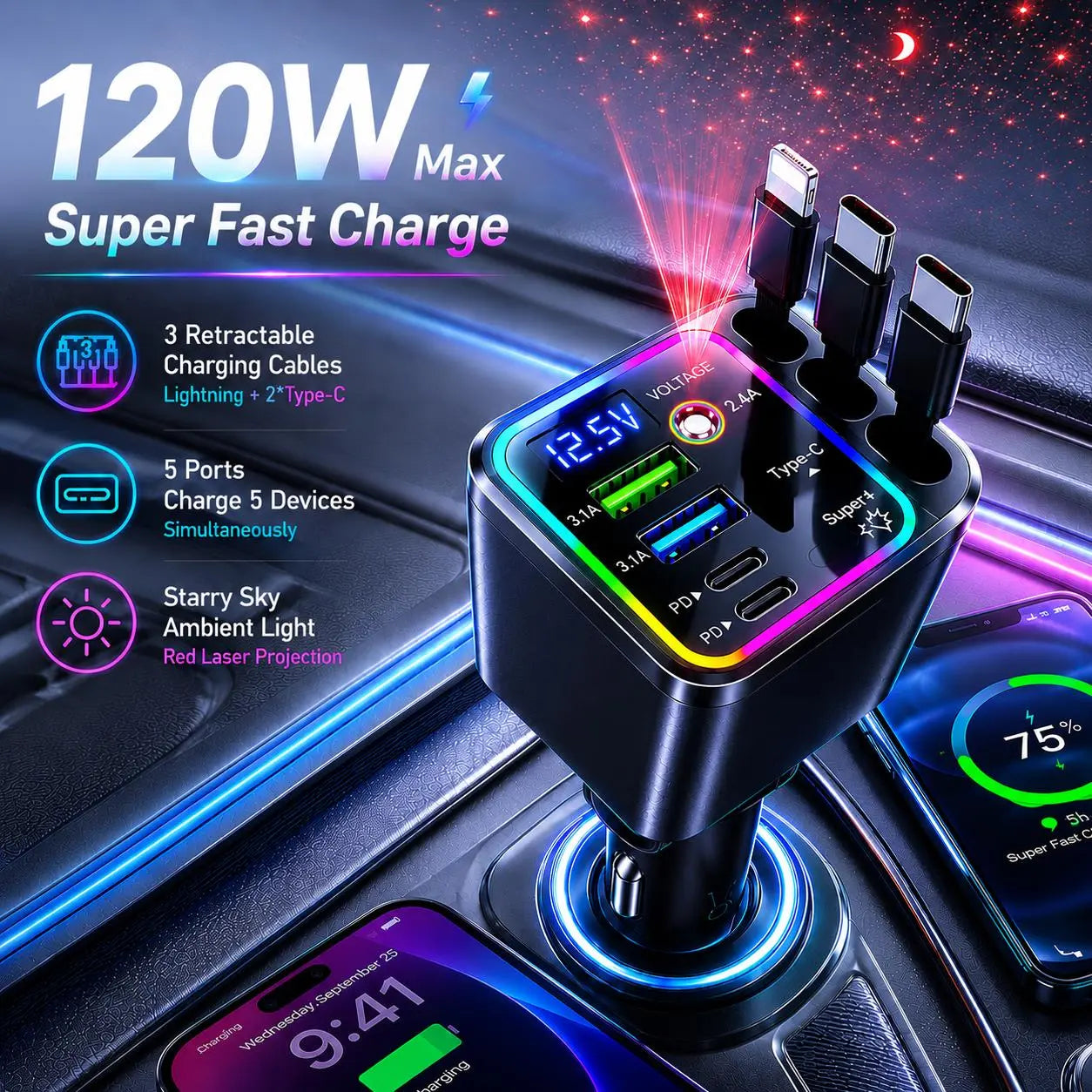 120W Max Multi-Port Charging Power Hub - High Speed Fast Charger, Vehicle/Auto Accessories, PD20W USB-A 65W, Tangle-Free Retractable Cables, Starry LED 1-Click Galaxy Projector for Phone Pad Laptop Car, High Speed Charger