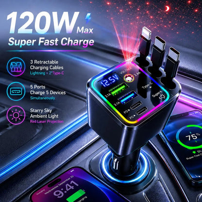 120W Max Multi-Port Charging Power Hub - High Speed Fast Charger, Vehicle/Auto Accessories, PD20W USB-A 65W, Tangle-Free Retractable Cables, Starry LED 1-Click Galaxy Projector for Phone Pad Laptop Car, High Speed Charger