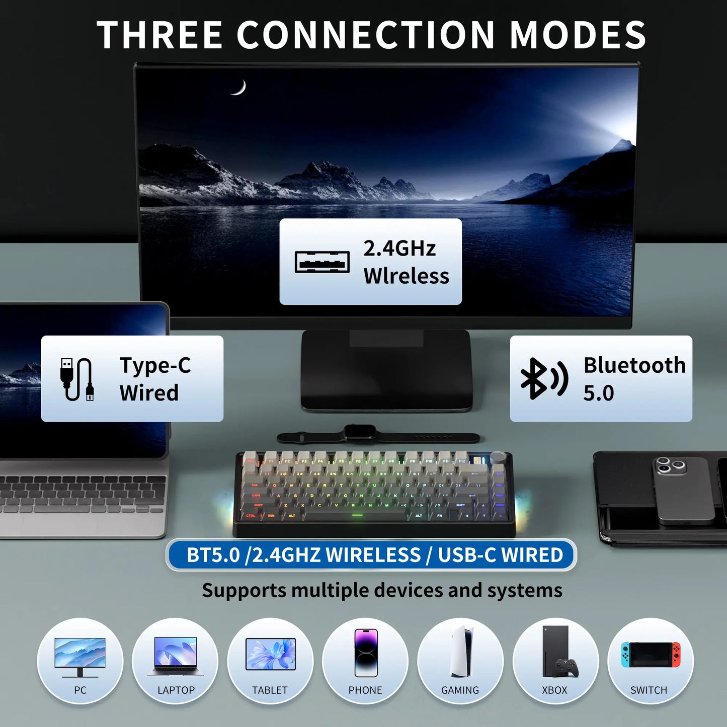 7KEYS BJ75 Wireless Mechanical Keyboard, 75% Gasket-Mount Gaming Keyboard with Volume Knob, Tri-Mode Connection (Bluetooth 5.0 / 2.4G / USB-C), Hot-Swappable Switches, RGB Backlight & Side Lighting, for Pc/Mac/Linux Tiktokshopbacktoschool