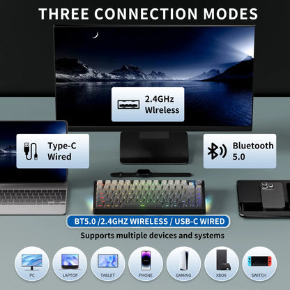 7KEYS BJ75 Wireless Mechanical Keyboard, 75% Gasket-Mount Gaming Keyboard with Volume Knob, Tri-Mode Connection (Bluetooth 5.0 / 2.4G / USB-C), Hot-Swappable Switches, RGB Backlight & Side Lighting, for Pc/Mac/Linux Tiktokshopbacktoschool