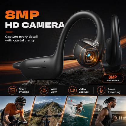 E12 Bone Conduction Wireless Audio Headphones, 8MP EIS Stabilized Camera, 160+ Languages Instant Translation, Touch & Button Control, IP65 Waterproof Sport Headsets for Outdoor Cycling Vlog Recording, Outdoor Gadgets Guys Gifts, Device