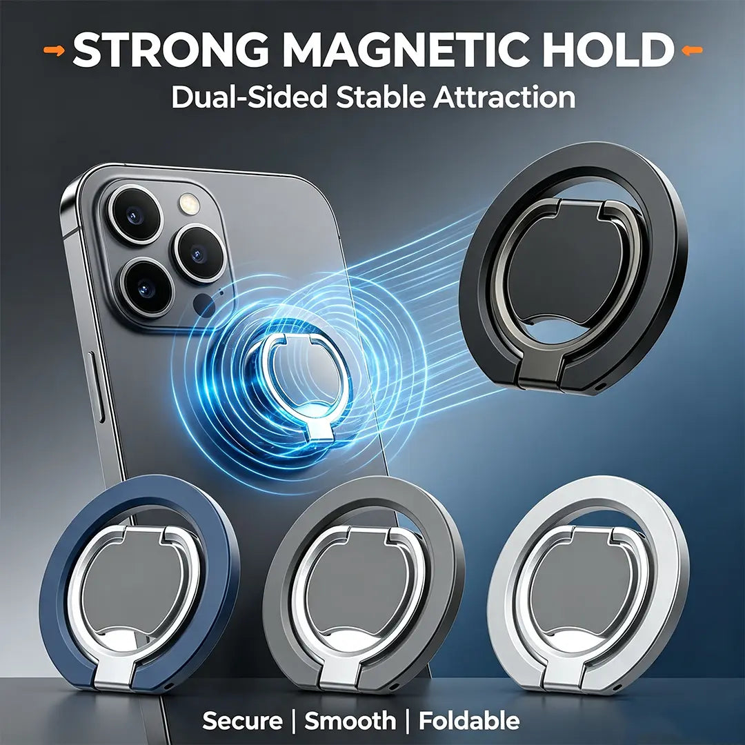2-In-1 Magnetic Phone Ring Holder, 360° Rotatable Zinc Alloy Dual Magnet Grip, Magsafe-Compatible Universal Stand for Mobile Accessories, Smartphone Users, Easy Install, Secure Anti-Drop, Box Pack