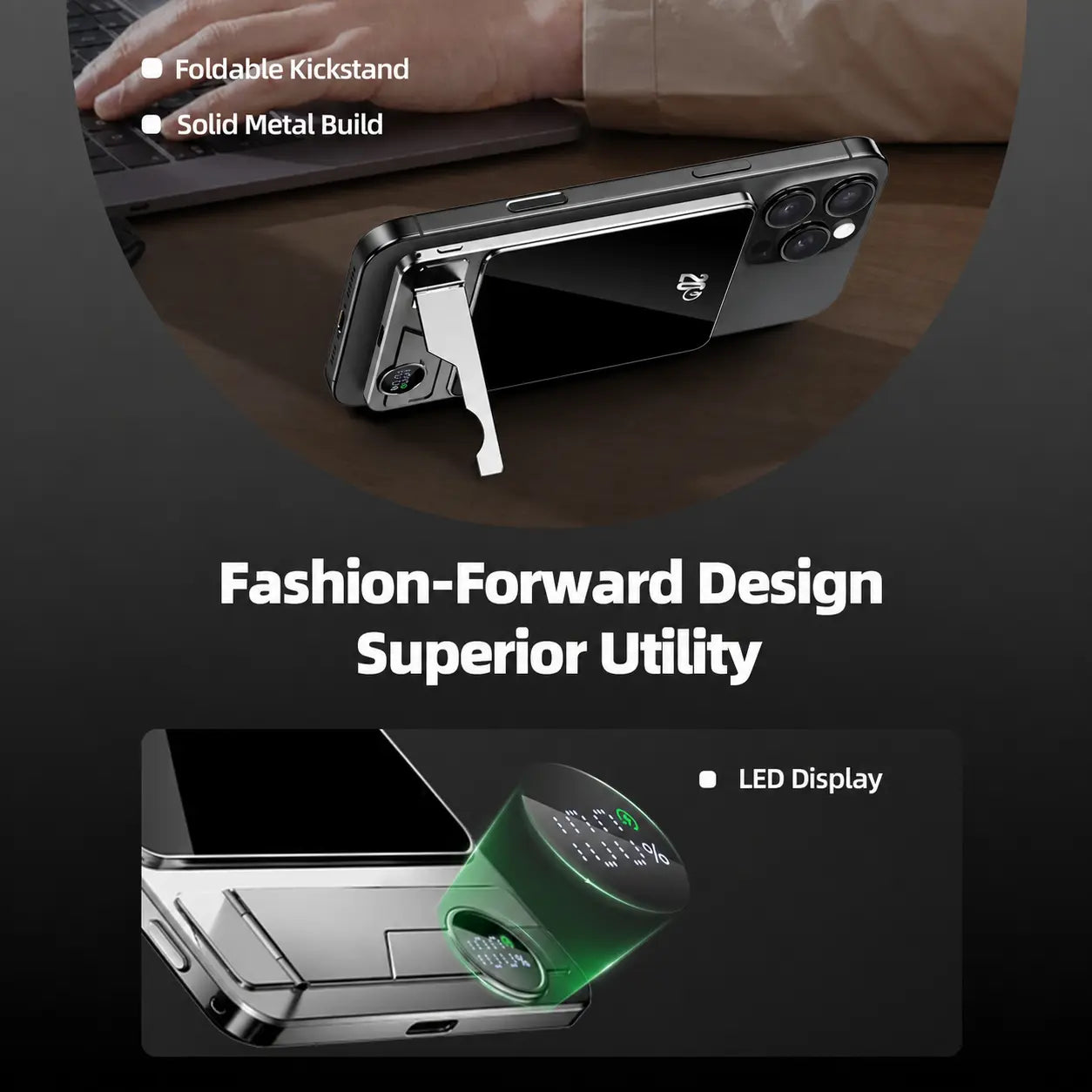 Magnetic Power Bank 5000Mah with Built-In USB-C Cable and Metal Kickstand, 20W Fast Charging Portable Battery Pack with LED Display for Iphone 17/16/15/14/13/12 Durable Protection