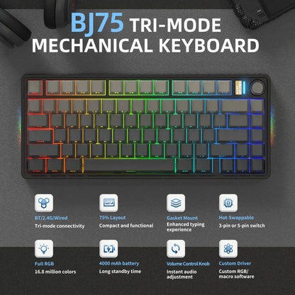 7KEYS BJ75 Wireless Mechanical Keyboard, 75% Gasket-Mount Gaming Keyboard with Volume Knob, Tri-Mode Connection (Bluetooth 5.0 / 2.4G / USB-C), Hot-Swappable Switches, RGB Backlight & Side Lighting, for Pc/Mac/Linux Tiktokshopbacktoschool