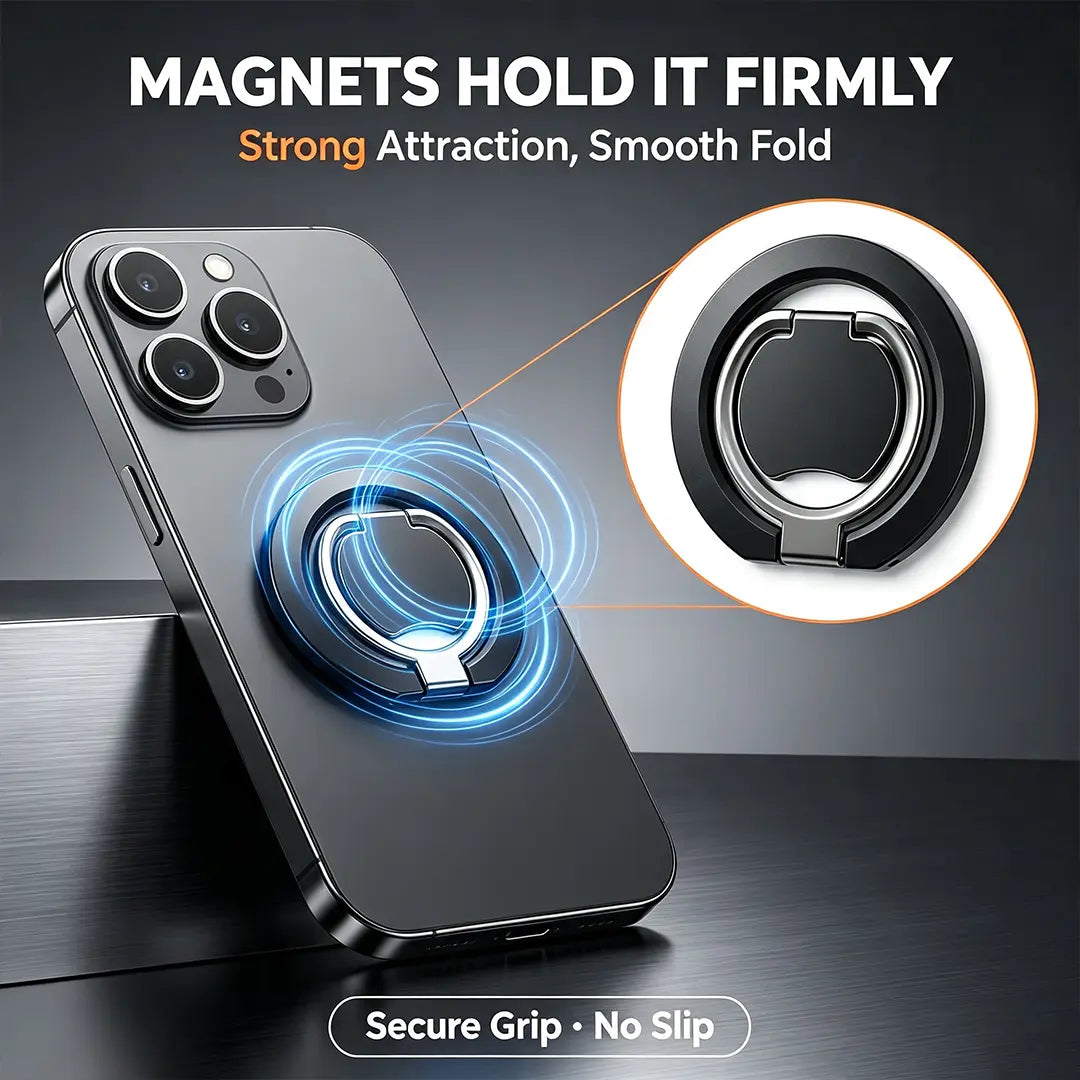 2-In-1 Magnetic Phone Ring Holder, 360° Rotatable Zinc Alloy Dual Magnet Grip, Magsafe-Compatible Universal Stand for Mobile Accessories, Smartphone Users, Easy Install, Secure Anti-Drop, Box Pack