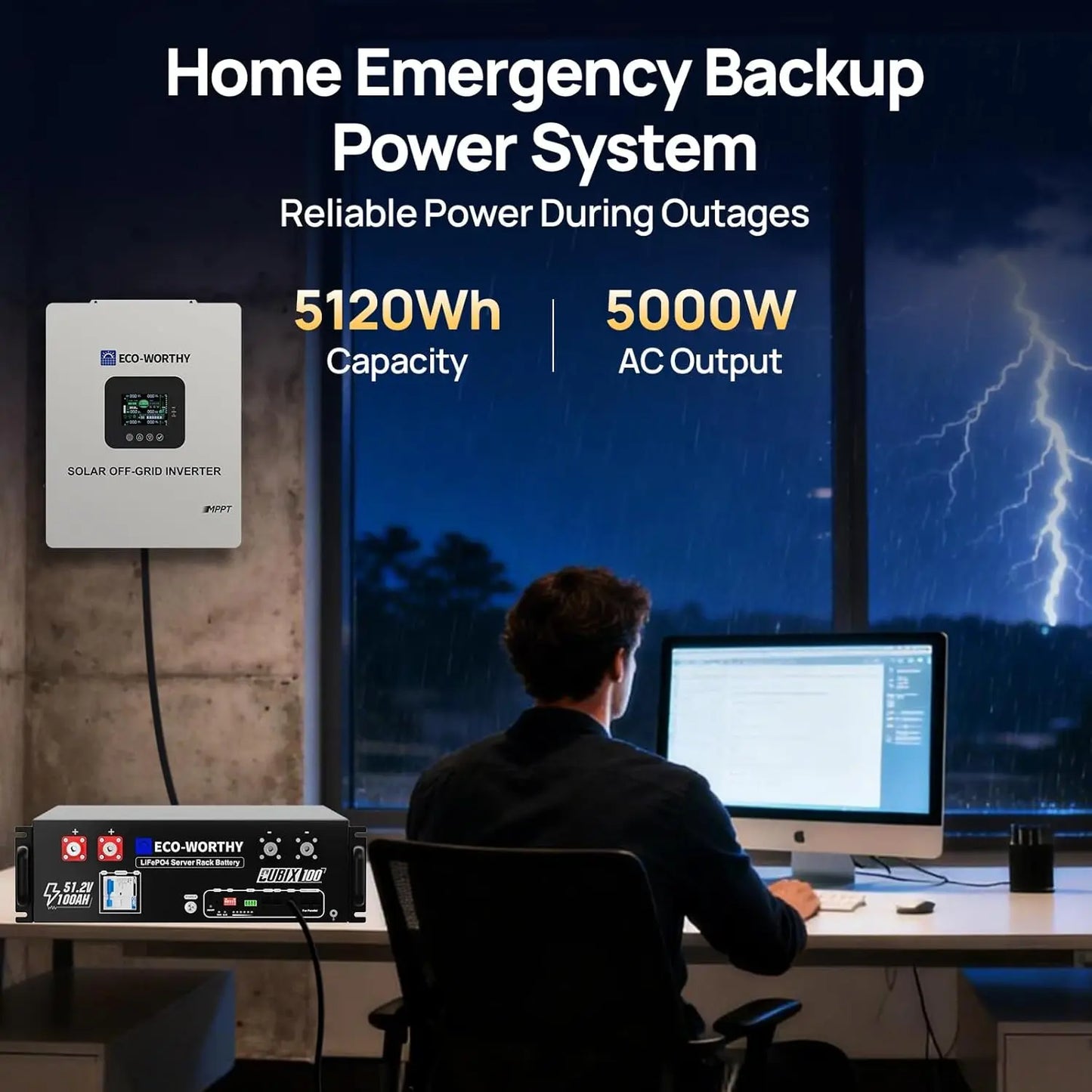 ECO-WORTHY Portable Power Station with Lifepo4 Cells, 5120Wh Large Capacity Battery Pack, 5000W AC Power Supply Inverter, 1Hr/2.5Hr Fast Charging, Bluetooth & Wifi App Control, Home Backup Emergency Solution