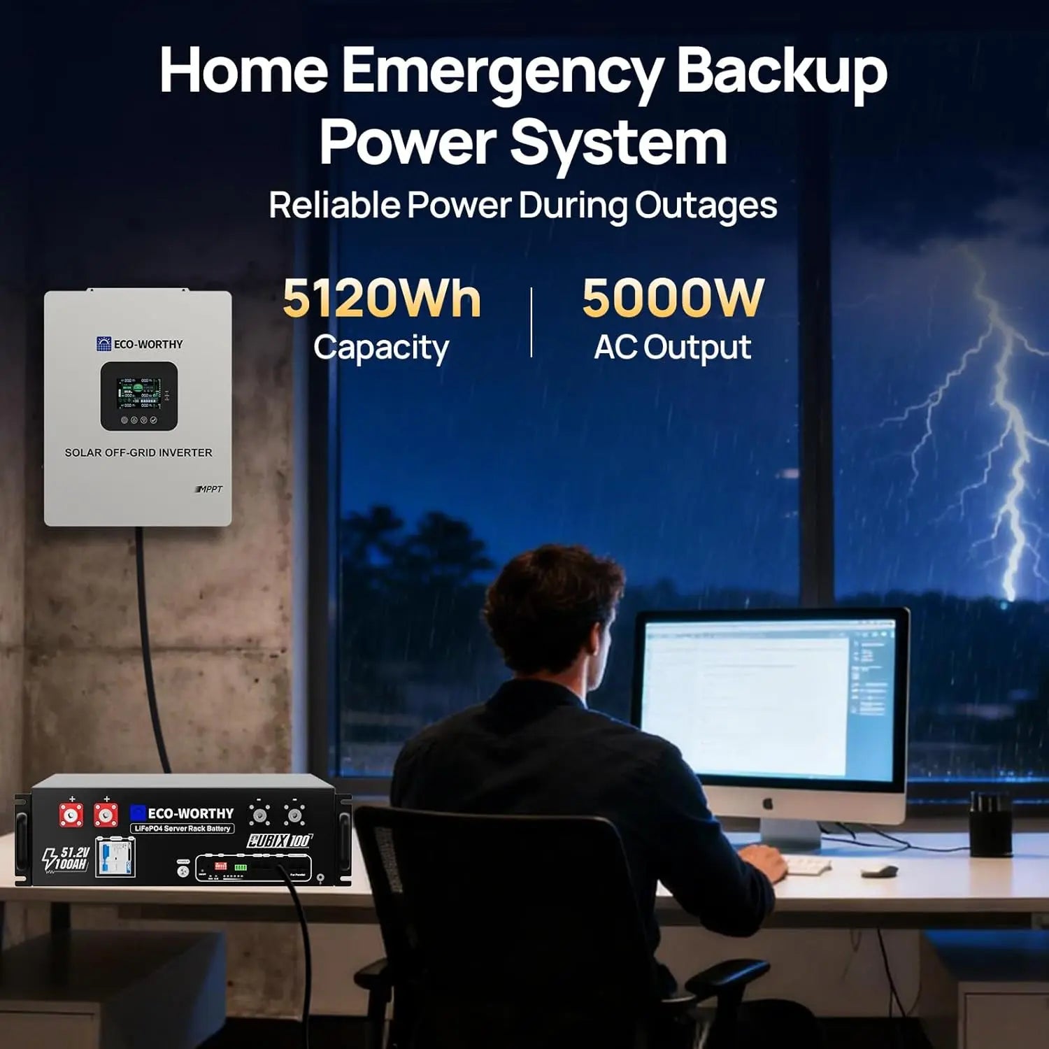 ECO-WORTHY Portable Power Station with Lifepo4 Cells, 5120Wh Large Capacity Battery Pack, 5000W AC Power Supply Inverter, 1Hr/2.5Hr Fast Charging, Bluetooth & Wifi App Control, Home Backup Emergency Solution
