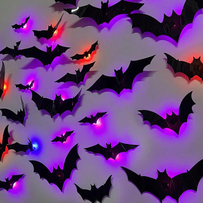 3D Bat Design LED Decorations, LED Halloween 3D Bat Decorative Wall Stickers, Luminous Bat Decorations, Suitable for Indoor and Outdoor Bedroom, Window Party Supplies