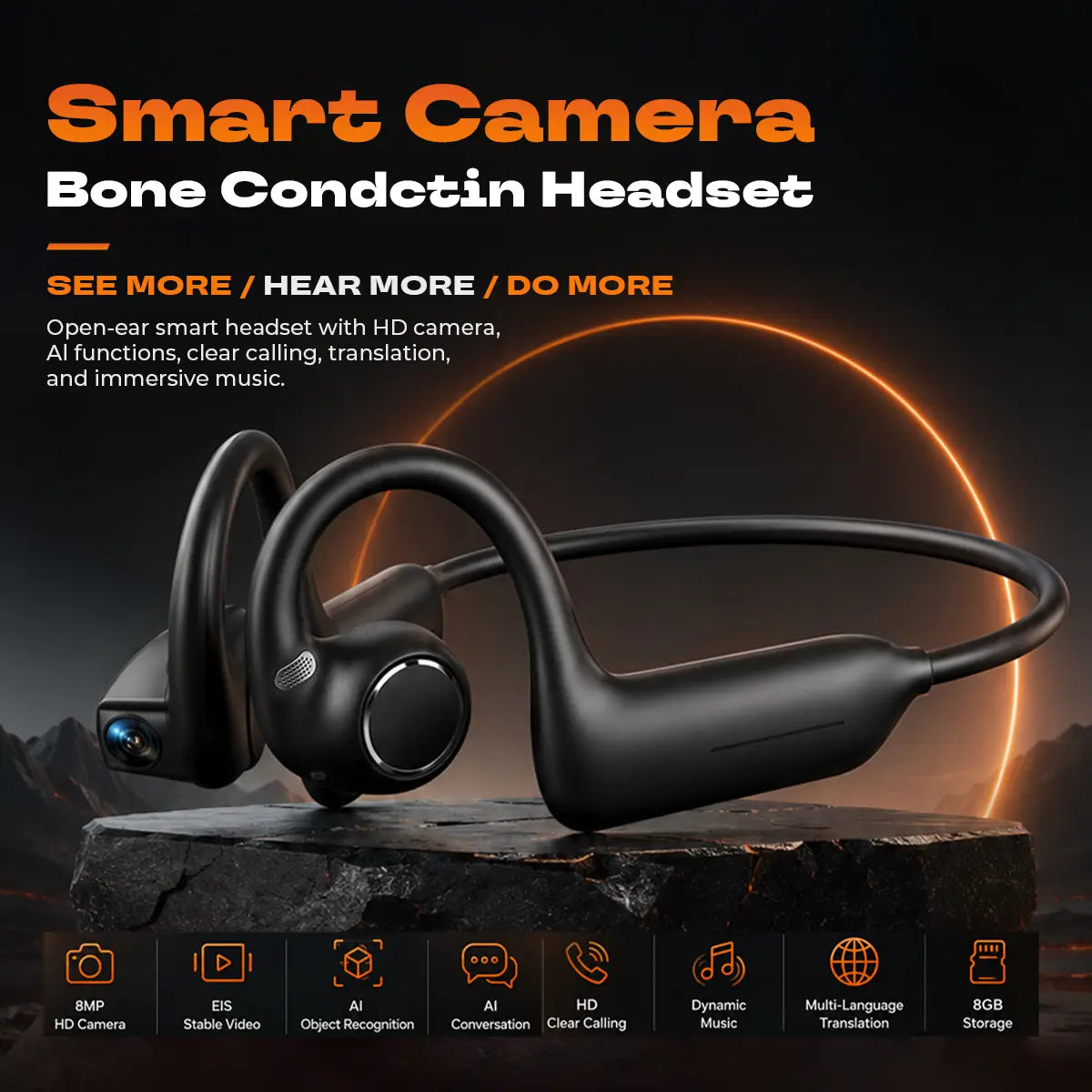 E12 Bone Conduction Wireless Audio Headphones, 8MP EIS Stabilized Camera, 160+ Languages Instant Translation, Touch & Button Control, IP65 Waterproof Sport Headsets for Outdoor Cycling Vlog Recording, Outdoor Gadgets Guys Gifts, Device