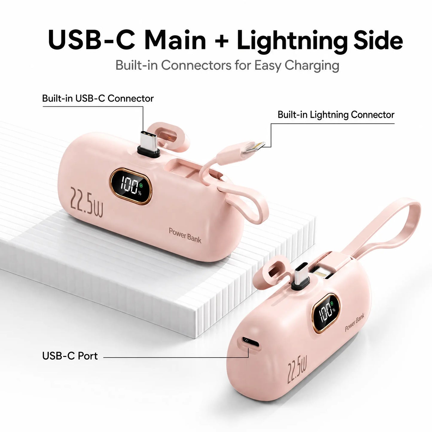 5000Mah Mini Portable Charger, 22.5W Power Bank with Built-In Cable, USB-C & USB-A Ports, Digital Battery Display, Compact Lightweight Battery Pack for Iphone, Samsung, Android, Travel Essentials