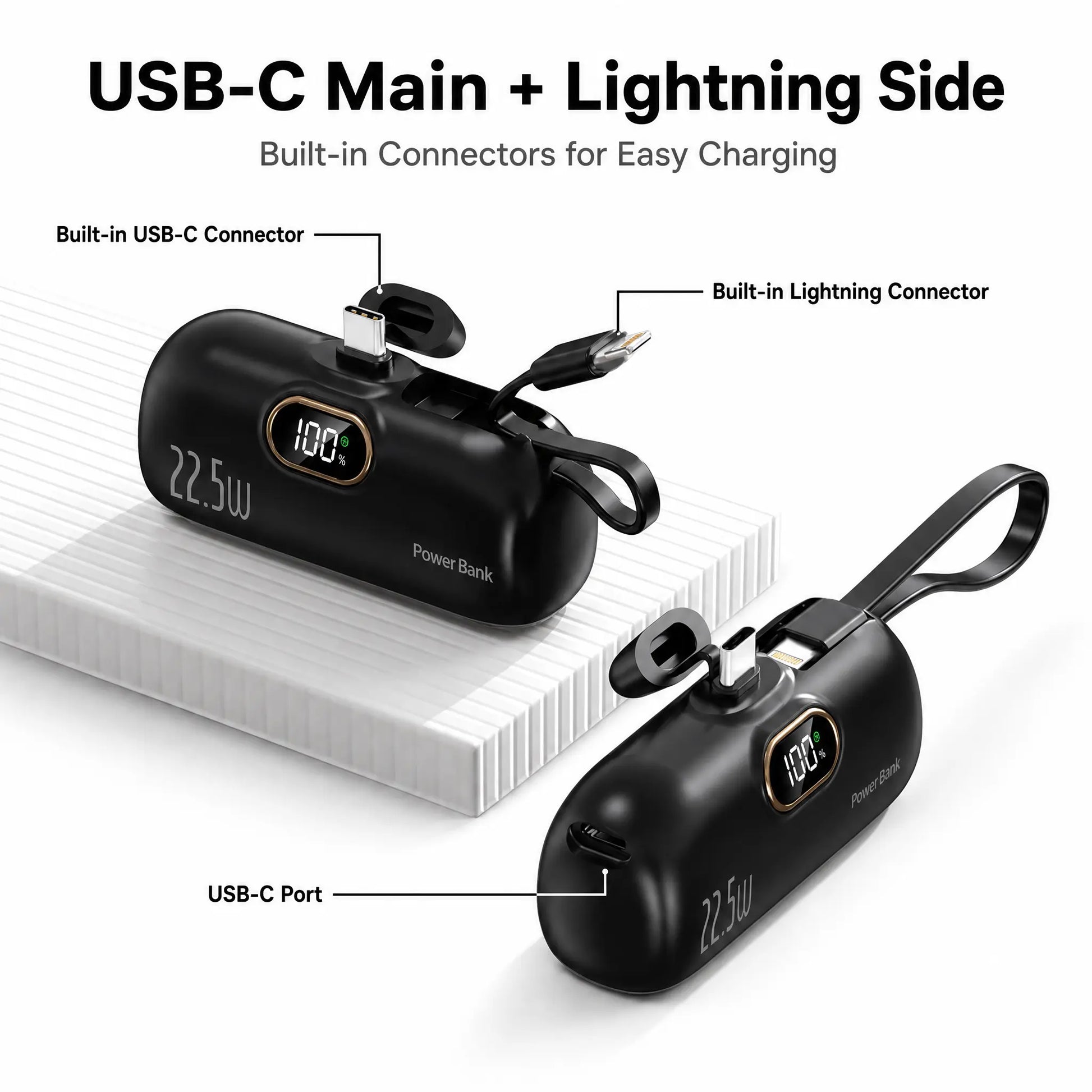 5000Mah Mini Portable Charger, 22.5W Power Bank with Built-In Cable, USB-C & USB-A Ports, Digital Battery Display, Compact Lightweight Battery Pack for Iphone, Samsung, Android, Travel Essentials