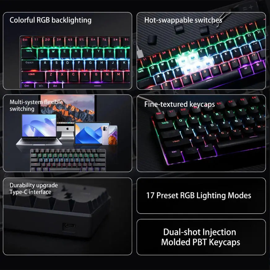 KAVLORN KL61 60% Hot Swappable Mechanical Keyboard, 61 Keys RGB Backlit Wired Gaming Keyboard, Blue Switch PBT Keycaps, Compact Mini Keyboard for PC Mac Laptop Gamers
