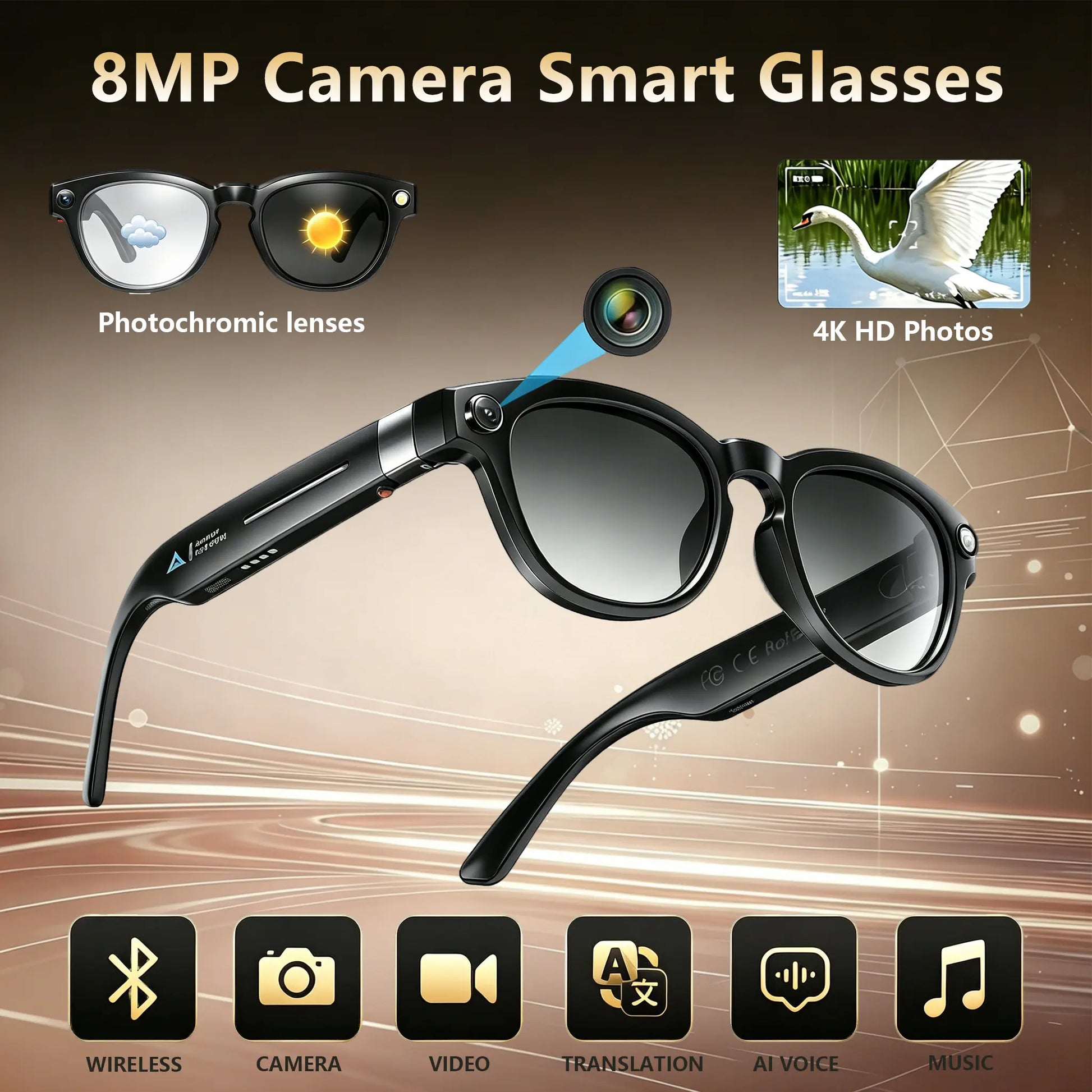 13MP Camera AI Smart Glasses with Chatgpt – 4K Photos & 2K Video, Real-Time Translator, Open-Ear Audio for Vlogging, Travel & Outdoor