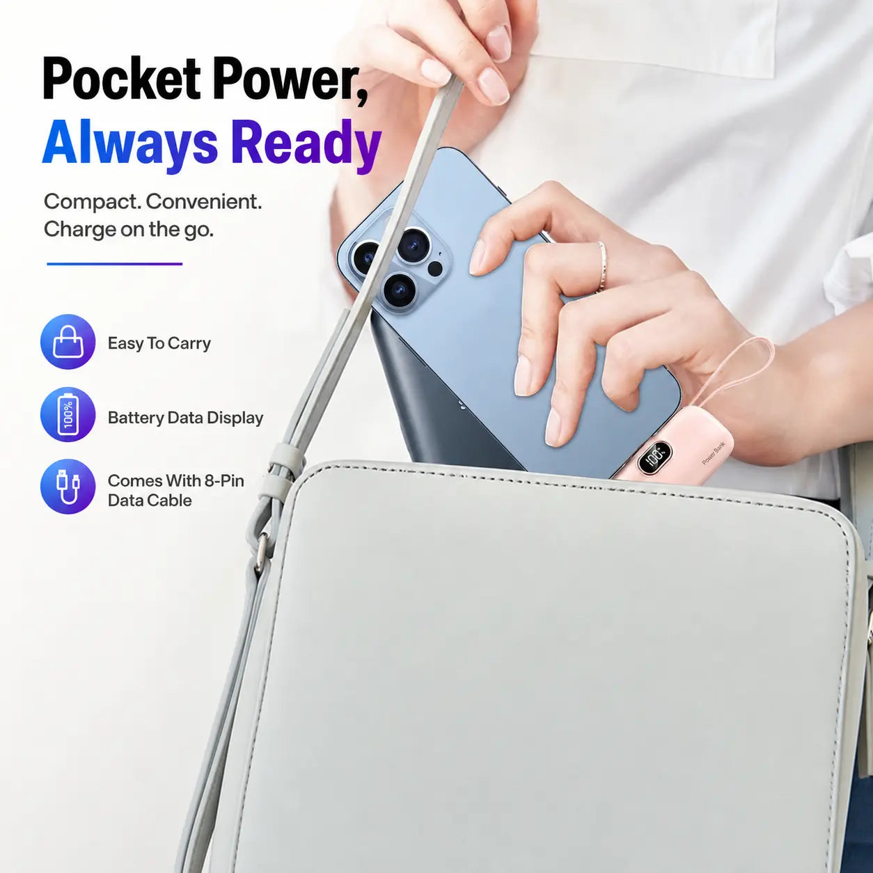 5000Mah Mini Portable Charger, 22.5W Power Bank with Built-In Cable, USB-C & USB-A Ports, Digital Battery Display, Compact Lightweight Battery Pack for Iphone, Samsung, Android, Travel Essentials