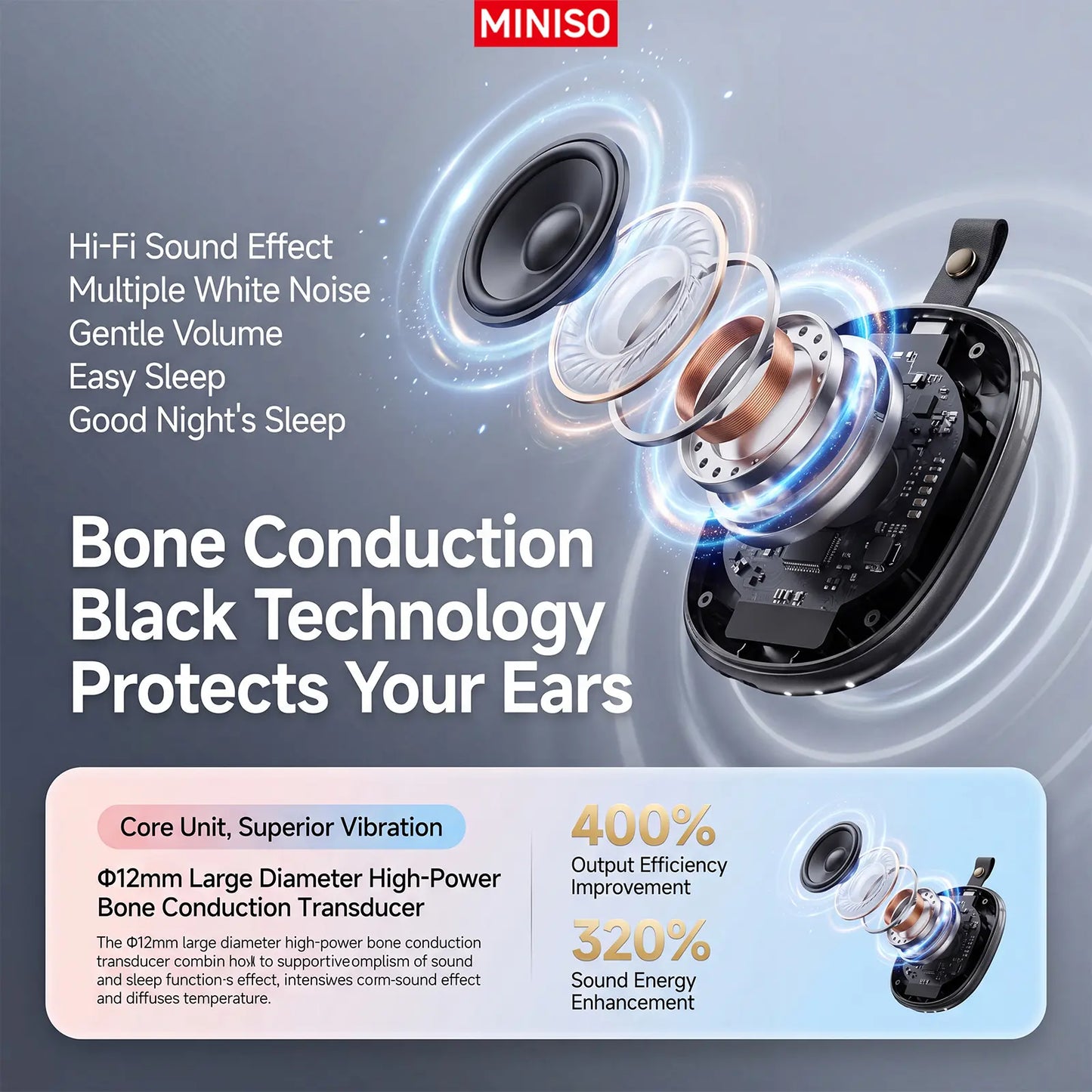MINISO M105 Compact Wireless Bone Conduction Under-Pillow Sleep Speaker, Portable Hifi Waterproof Bluetooth Speaker with Built-In White Noise, 15H Standby, Stable Connection for Bedroom Camping, Wireless Speakers