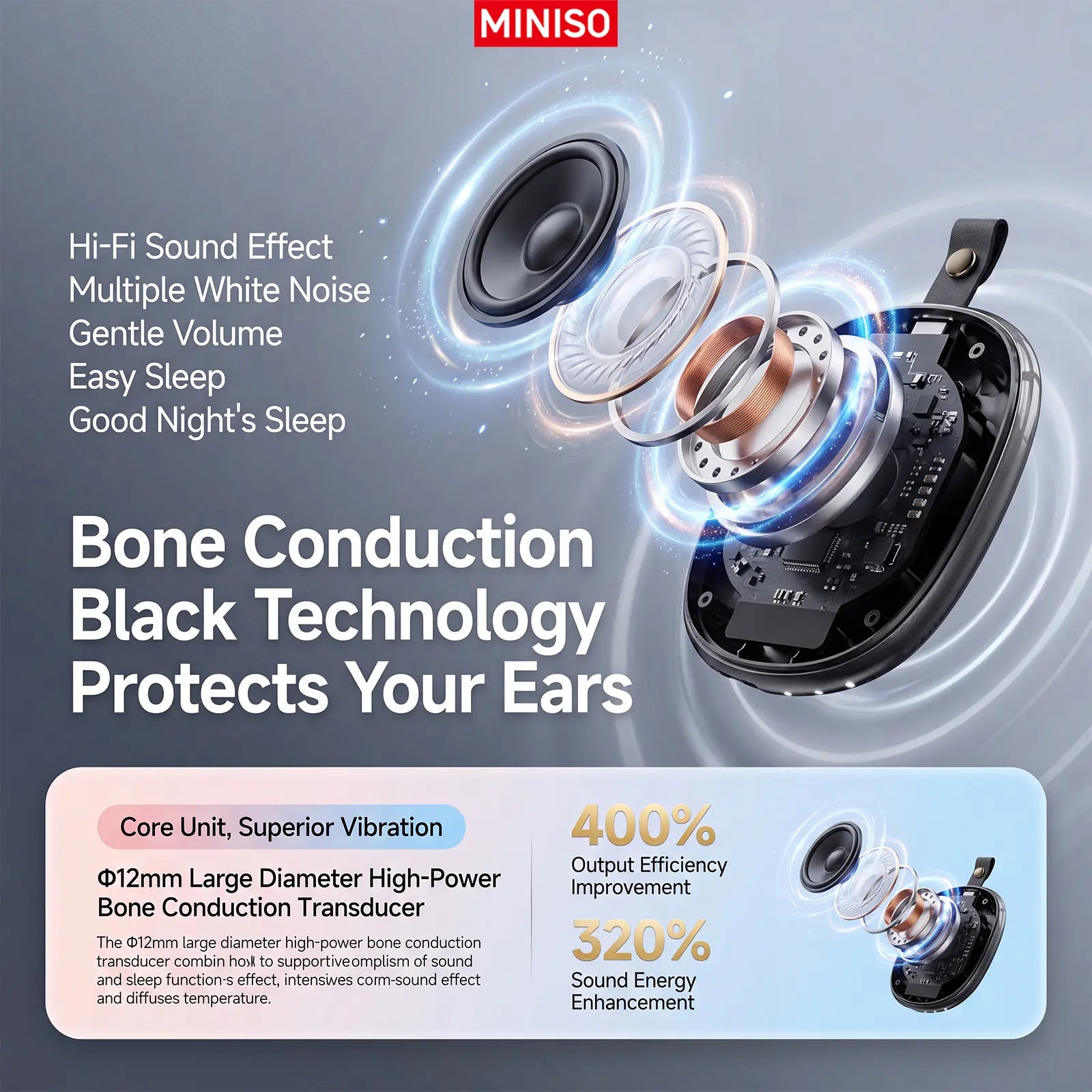 MINISO M105 Compact Wireless Bone Conduction Under-Pillow Sleep Speaker, Portable Hifi Waterproof Bluetooth Speaker with Built-In White Noise, 15H Standby, Stable Connection for Bedroom Camping, Wireless Speakers