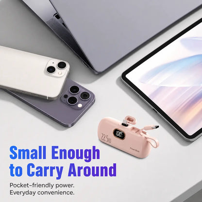 5000Mah Mini Portable Charger, 22.5W Power Bank with Built-In Cable, USB-C & USB-A Ports, Digital Battery Display, Compact Lightweight Battery Pack for Iphone, Samsung, Android, Travel Essentials