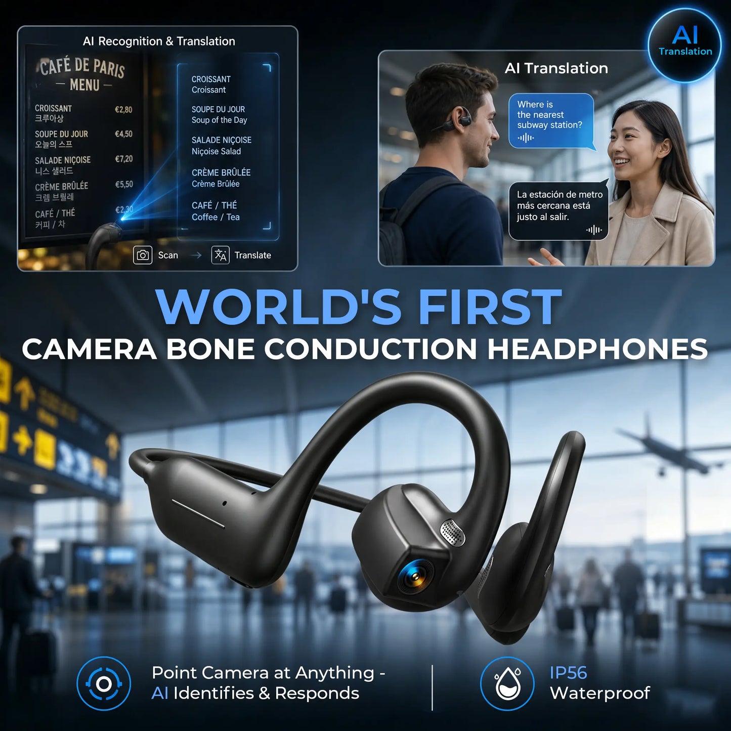 E12 Bone Conduction Wireless Audio Headphones, 8MP EIS Stabilized Camera, 160+ Languages Instant Translation, Touch & Button Control, IP65 Waterproof Sport Headsets for Outdoor Cycling Vlog Recording, Outdoor Gadgets Guys Gifts, Device