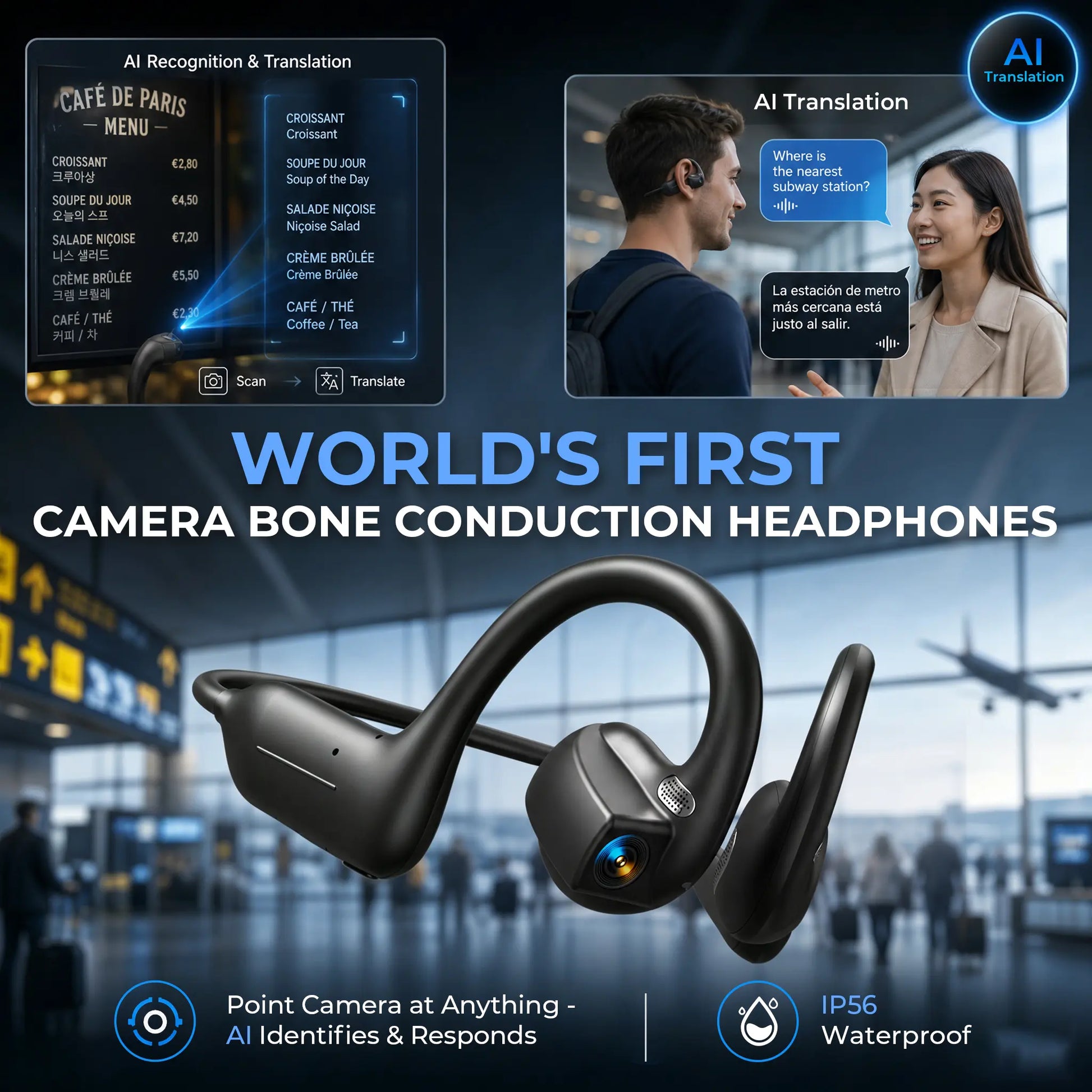 E12 Bone Conduction Wireless Audio Headphones, 8MP EIS Stabilized Camera, 160+ Languages Instant Translation, Touch & Button Control, IP65 Waterproof Sport Headsets for Outdoor Cycling Vlog Recording, Outdoor Gadgets Guys Gifts, Device