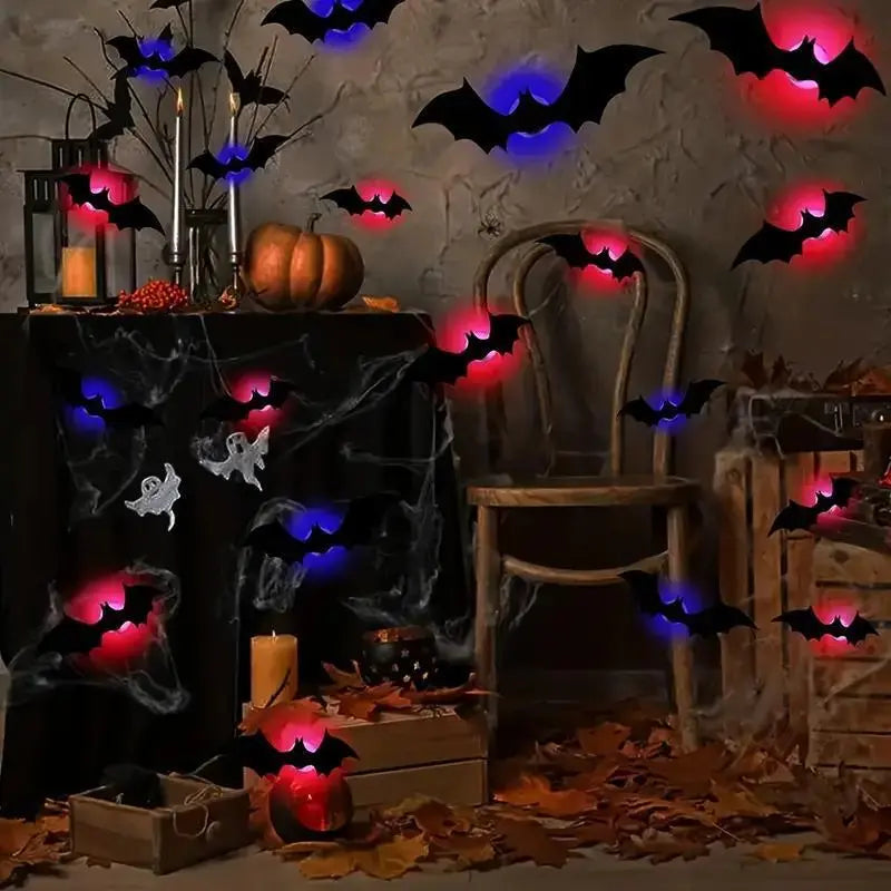 3D Bat Design LED Decorations, LED Halloween 3D Bat Decorative Wall Stickers, Luminous Bat Decorations, Suitable for Indoor and Outdoor Bedroom, Window Party Supplies