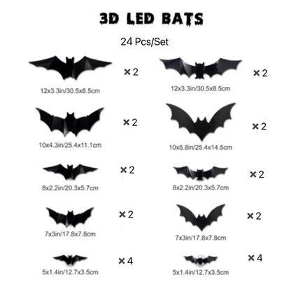 3D Bat Design LED Decorations, LED Halloween 3D Bat Decorative Wall Stickers, Luminous Bat Decorations, Suitable for Indoor and Outdoor Bedroom, Window Party Supplies
