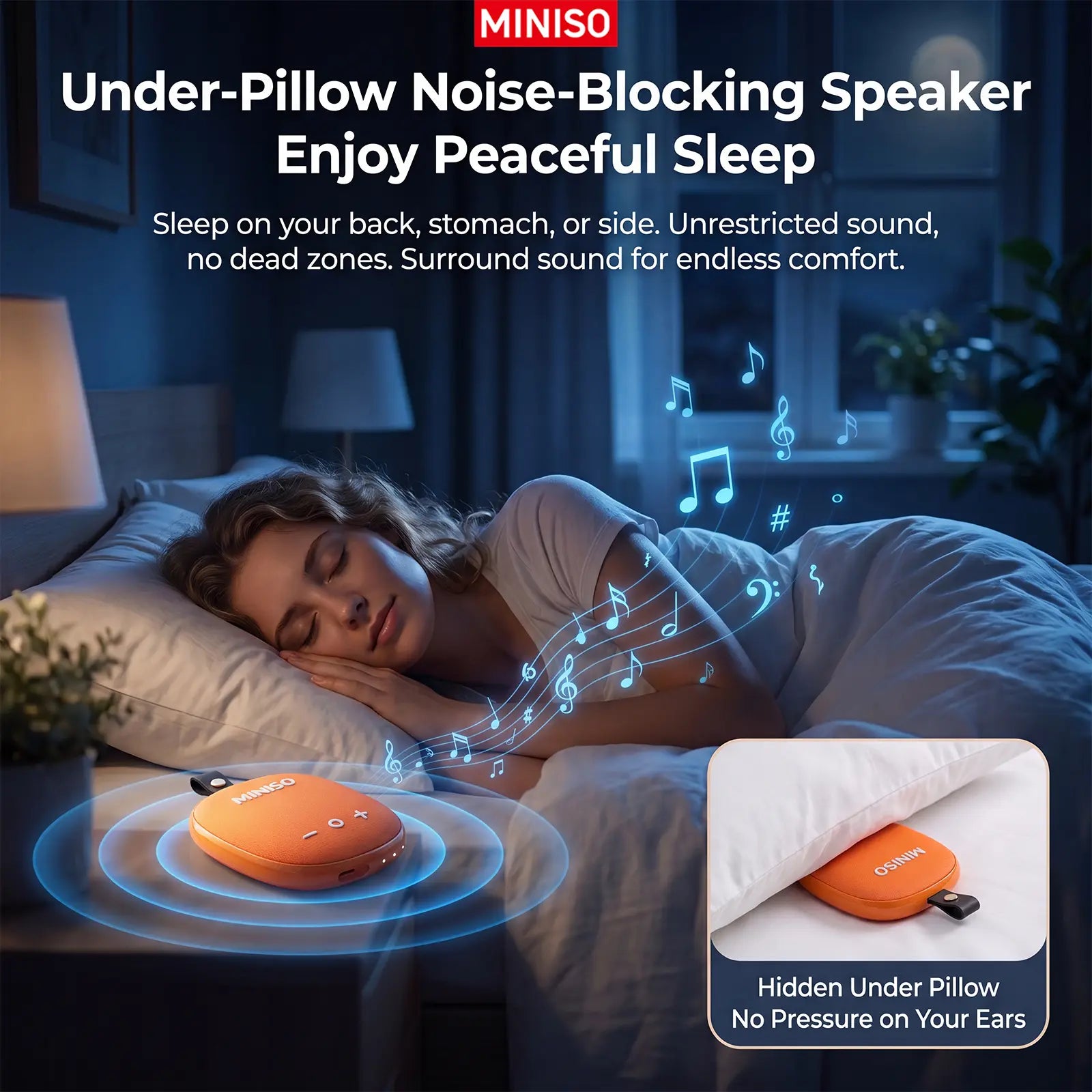 MINISO M105 Compact Wireless Bone Conduction Under-Pillow Sleep Speaker, Portable Hifi Waterproof Bluetooth Speaker with Built-In White Noise, 15H Standby, Stable Connection for Bedroom Camping, Wireless Speakers