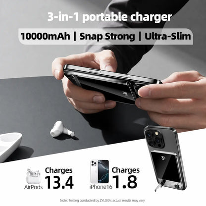 Magnetic Power Bank 5000Mah with Built-In USB-C Cable and Metal Kickstand, 20W Fast Charging Portable Battery Pack with LED Display for Iphone 17/16/15/14/13/12 Durable Protection