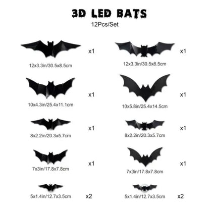 3D Bat Design LED Decorations, LED Halloween 3D Bat Decorative Wall Stickers, Luminous Bat Decorations, Suitable for Indoor and Outdoor Bedroom, Window Party Supplies