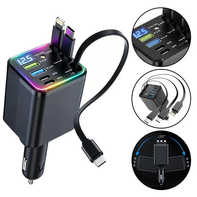120W Max Multi-Port Charging Power Hub - High Speed Fast Charger, Vehicle/Auto Accessories, PD20W USB-A 65W, Tangle-Free Retractable Cables, Starry LED 1-Click Galaxy Projector for Phone Pad Laptop Car, High Speed Charger