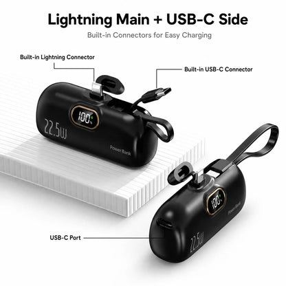 5000Mah Mini Portable Charger, 22.5W Power Bank with Built-In Cable, USB-C & USB-A Ports, Digital Battery Display, Compact Lightweight Battery Pack for Iphone, Samsung, Android, Travel Essentials