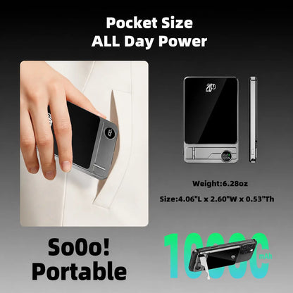 Magnetic Power Bank 5000Mah with Built-In USB-C Cable and Metal Kickstand, 20W Fast Charging Portable Battery Pack with LED Display for Iphone 17/16/15/14/13/12 Durable Protection