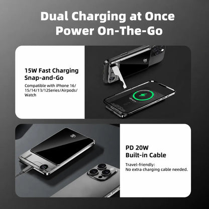 Magnetic Power Bank 5000Mah with Built-In USB-C Cable and Metal Kickstand, 20W Fast Charging Portable Battery Pack with LED Display for Iphone 17/16/15/14/13/12 Durable Protection