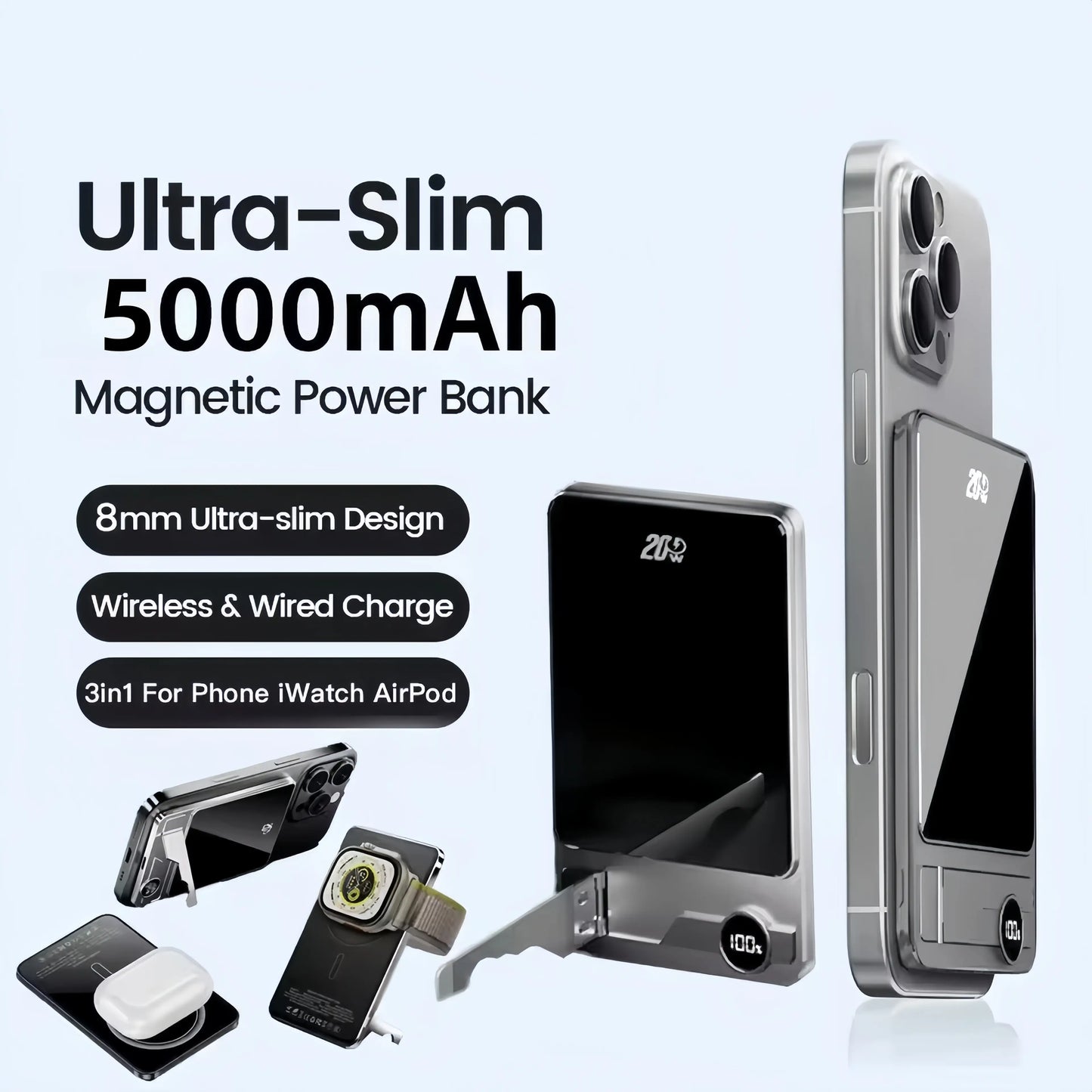 Magnetic Power Bank 5000Mah with Built-In USB-C Cable and Metal Kickstand, 20W Fast Charging Portable Battery Pack with LED Display for Iphone 17/16/15/14/13/12 Durable Protection