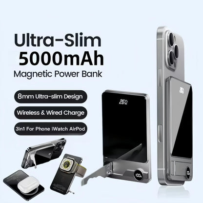 Magnetic Power Bank 5000Mah with Built-In USB-C Cable and Metal Kickstand, 20W Fast Charging Portable Battery Pack with LED Display for Iphone 17/16/15/14/13/12 Durable Protection