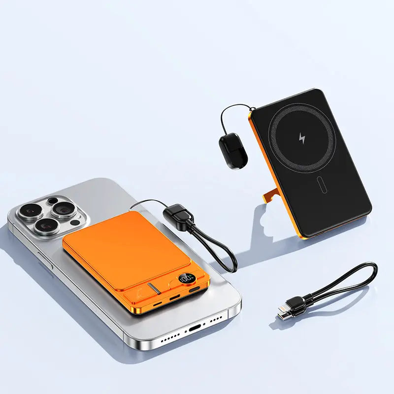 Magnetic Power Bank 5000Mah with Built-In USB-C Cable and Metal Kickstand, 20W Fast Charging Portable Battery Pack with LED Display for Iphone 17/16/15/14/13/12 Durable Protection