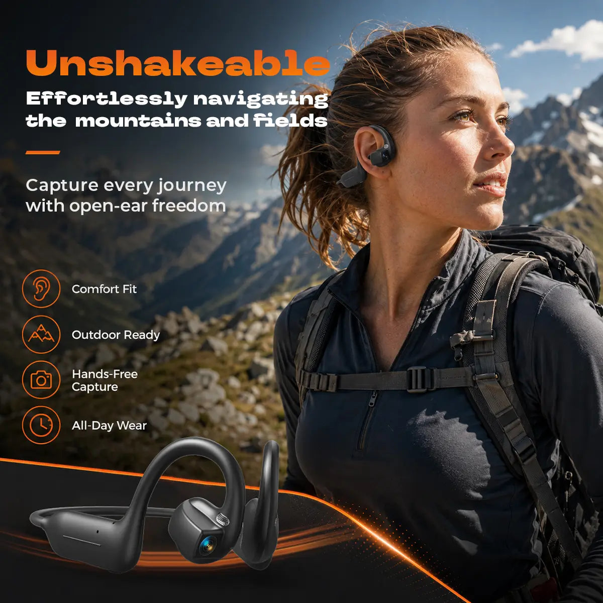 E12 Bone Conduction Wireless Audio Headphones, 8MP EIS Stabilized Camera, 160+ Languages Instant Translation, Touch & Button Control, IP65 Waterproof Sport Headsets for Outdoor Cycling Vlog Recording, Outdoor Gadgets Guys Gifts, Device