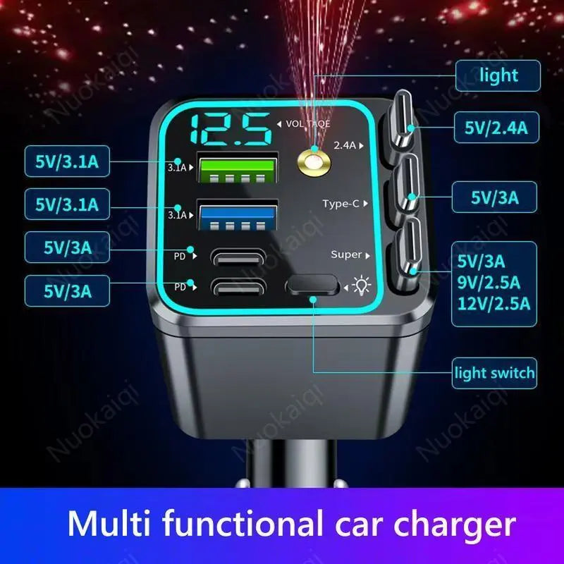 120W Max Multi-Port Charging Power Hub - High Speed Fast Charger, Vehicle/Auto Accessories, PD20W USB-A 65W, Tangle-Free Retractable Cables, Starry LED 1-Click Galaxy Projector for Phone Pad Laptop Car, High Speed Charger
