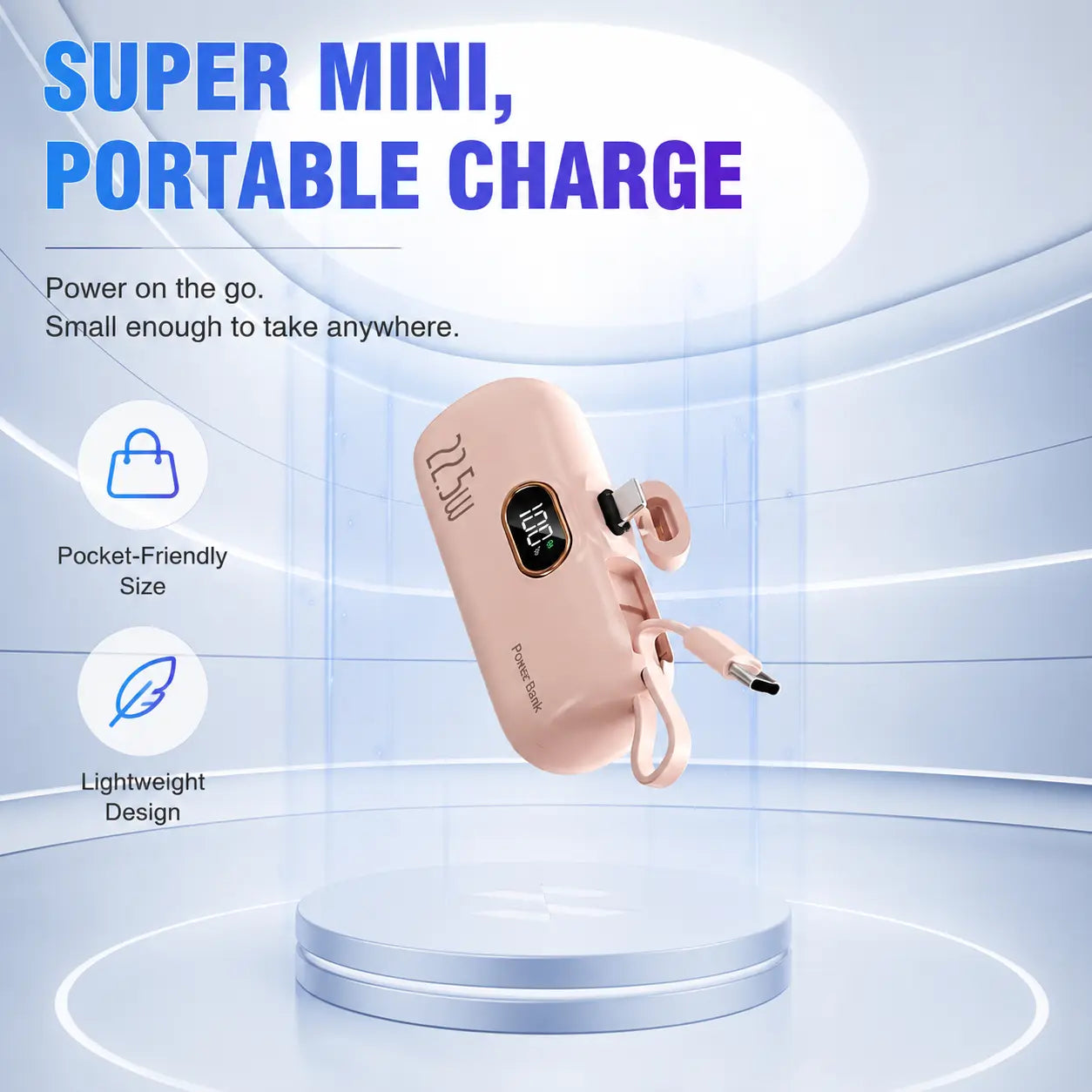 5000Mah Mini Portable Charger, 22.5W Power Bank with Built-In Cable, USB-C & USB-A Ports, Digital Battery Display, Compact Lightweight Battery Pack for Iphone, Samsung, Android, Travel Essentials