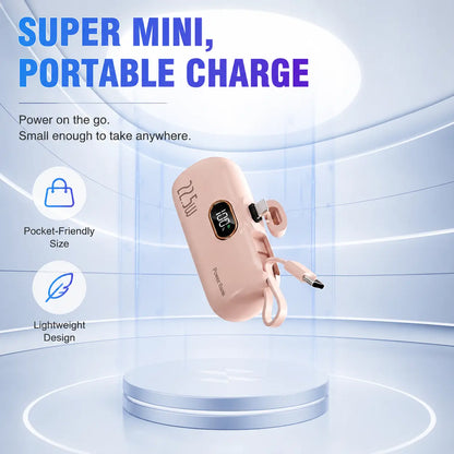 5000Mah Mini Portable Charger, 22.5W Power Bank with Built-In Cable, USB-C & USB-A Ports, Digital Battery Display, Compact Lightweight Battery Pack for Iphone, Samsung, Android, Travel Essentials