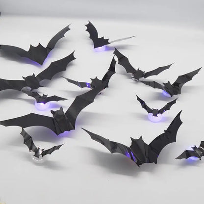 3D Bat Design LED Decorations, LED Halloween 3D Bat Decorative Wall Stickers, Luminous Bat Decorations, Suitable for Indoor and Outdoor Bedroom, Window Party Supplies