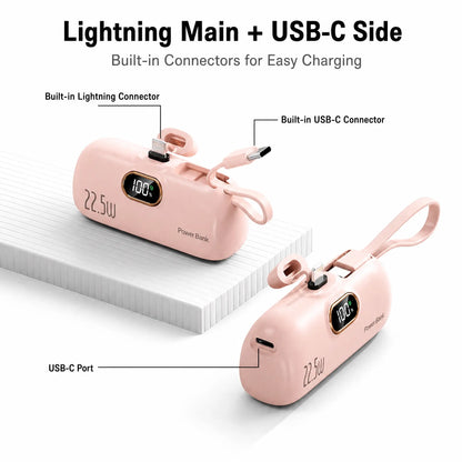 5000Mah Mini Portable Charger, 22.5W Power Bank with Built-In Cable, USB-C & USB-A Ports, Digital Battery Display, Compact Lightweight Battery Pack for Iphone, Samsung, Android, Travel Essentials