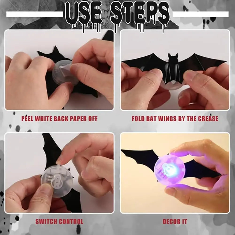 3D Bat Design LED Decorations, LED Halloween 3D Bat Decorative Wall Stickers, Luminous Bat Decorations, Suitable for Indoor and Outdoor Bedroom, Window Party Supplies