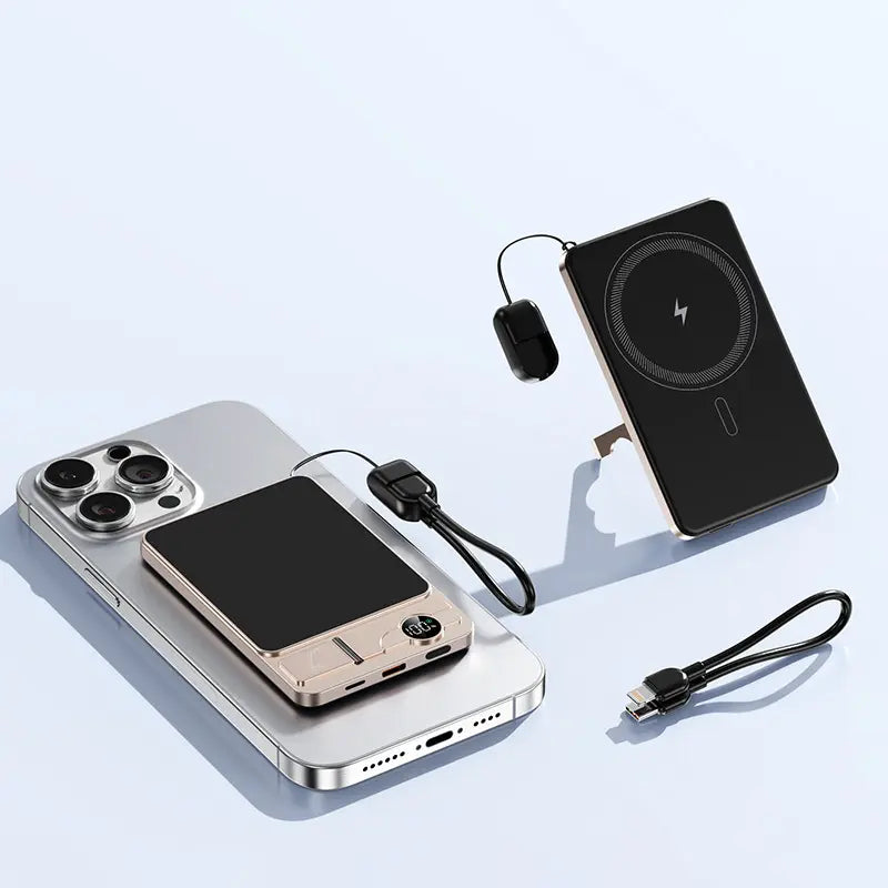 Magnetic Power Bank 5000Mah with Built-In USB-C Cable and Metal Kickstand, 20W Fast Charging Portable Battery Pack with LED Display for Iphone 17/16/15/14/13/12 Durable Protection